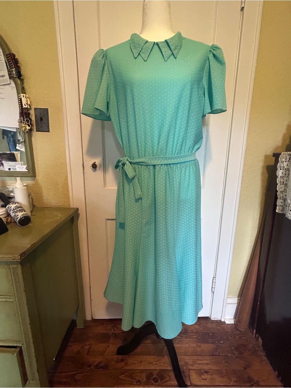 Mint Green Women's Confetti Tie- Belt Midi Dress